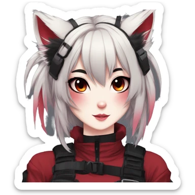 Gorgeous gothic dark techwear anime style anthro cat furry sona with blushing face aesthetic and pretty edgy black red punk messy ponytail hair with collar and harness trending style sticker