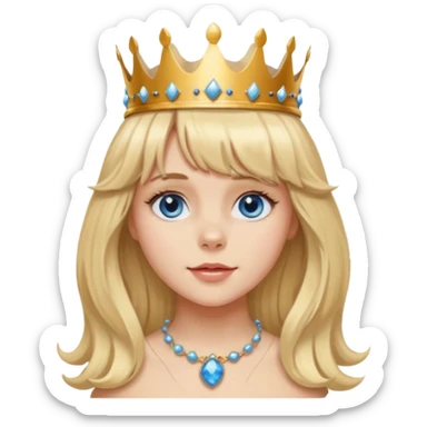 simple Blonde girl with bangs, long seductive hair and blue eyes, and a simple crown. giving cockerspaniel energy head only sticker