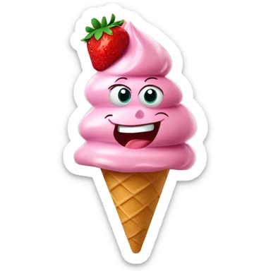 a scoop of strawberry gelato on a sugar cone with an animated eyes and smiling mouth sticker