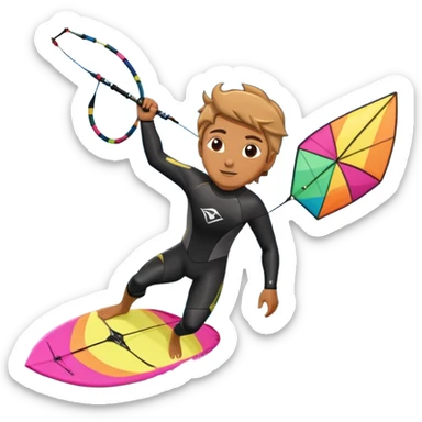 A professional kite surfer riding the waves, holding the kite in front of them as the wind fills the sail, propelling them across the water. The backdrop features a stunning landscape with a vibrant sky, crashing waves, and a sense of motion and adventure. sticker