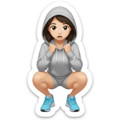 Brunette girl with boobs in hoodie and shorts taking squats sticker