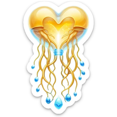 Ethereal omega-3 capsule with flowing golden energy connecting to a shimmering brain (cognition), heart (cardiovascular health), joint (anti-inflammatory), and eye (vision). Each connection glows with healing light, all suspended in a dreamlike blue atmosphere. sticker