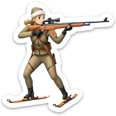 An icon showing a snowy landscape with pine trees, mountains and a clear sky with a biathlete aiming a rifle in the foreground, wearing winter gear and skis. Transparent background emphasizes the precision, endurance, and beauty of this winter sport. sticker