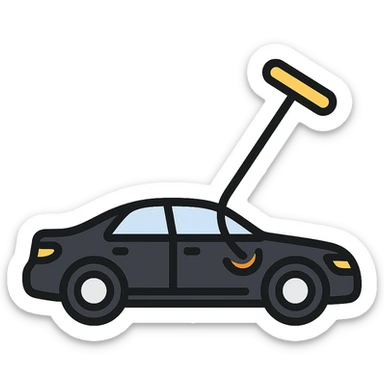 icon of a high-end black car with a subtle rod or hook tool touching a dent, matte black as main color, fine silver lines for contrast, simple style, focus on dent repair sticker