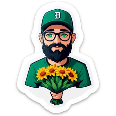 A bold man with a grey baseball cap, green eyes, big beard and glasses, holding a bouquet  sticker