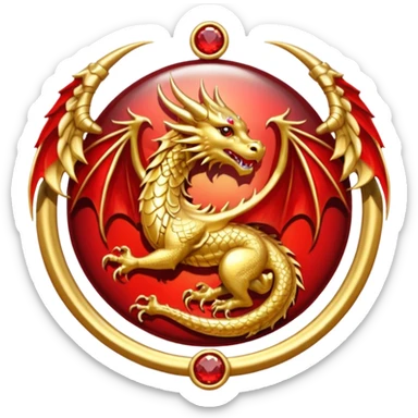 Golden dragon with wings crest / brosch in a circle with red gems and no background sticker