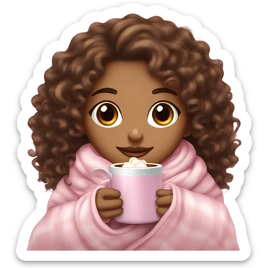 Light skin girl  with brown curly hair under our pink blanket,make her look like a young  make it so you can see the curly hairsipping hot cocoa with marshmallows, cuddled around the blanket, long curly hair, long, medium lashes sticker