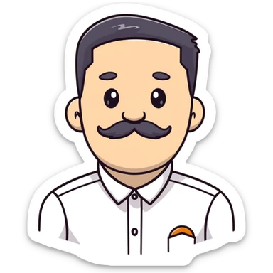 male character with oval-shaped flat-top head, bushy white mustache, wearing a white shirt with three white buttons sticker