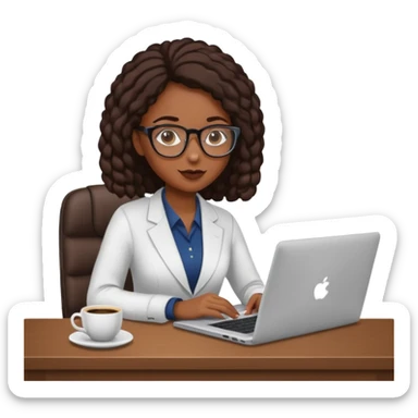 black girl with glasses, in the office with a laptop and a cup of coffee. sticker