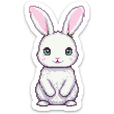 cute white bunny with large eyes and a small pink nose, sitting on green grass, pixel art style, round body, gentle expression, minimal 2D flat colors, no extra background sticker