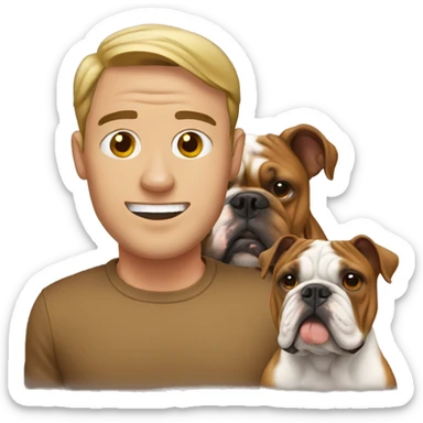 Man next to a brown english bulldog sticker