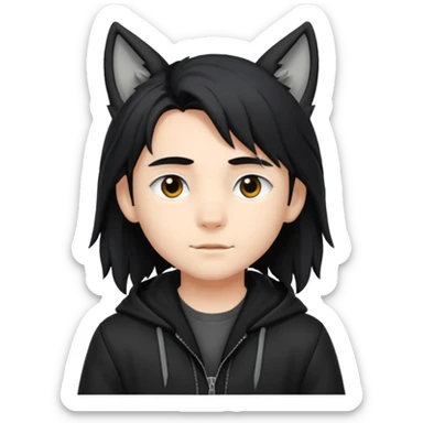 Garoto fofo de cabelo preto comprido usando uma jaqueta preta com orelhas de lobo  sticker