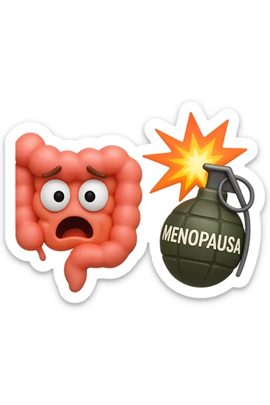 EMOJI STILE IPHONE 3D DI INTESTINO 3D CON ESPRESSIONE SPAVENTATA IN VOLTO MENTRE ACCANTO A LUI SCOPPIA UNA GRANATA 3D CON LA SCRITTA "MENOPAUSA" SOPRA, FAGLI ANCHE LA PARTE BIANCA DEGLI OCCHI, NON SOLO LA PUPILLA sticker
