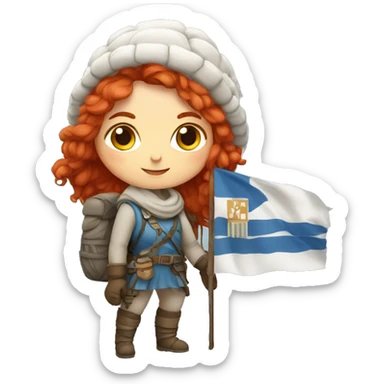 Greek Female winter mountaineer red hair white skin climbing with Greek Flag and Easter eggs basket sticker