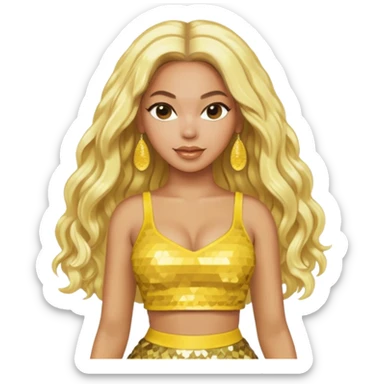 Beyonce with long platinum blonde hair, yellow sequin crop top yellow sequin skirt, gold earring sticker