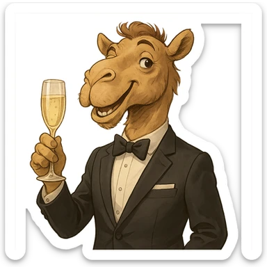 a camel dressed in a suit, sipping champagne, elegant and playful, formal attire, cheerful expression sticker