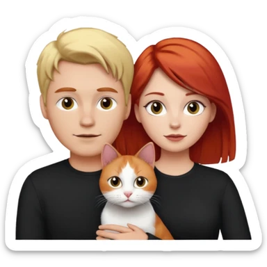 Casal com homem loiro e mulher ruiva e gato preto com branco sticker