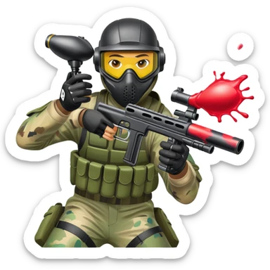 A paintball player in full gear, aiming a paintball gun with focus and determination. The scene includes vibrant splashes of paint and a dynamic battlefield setting, emphasizing action, strategy, and teamwork in a competitive environment sticker