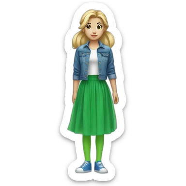 Blonde girl with bang and pony tail, in blue denim jacket, white T-shirt, green tights and elongated blue chiffon skirt sticker