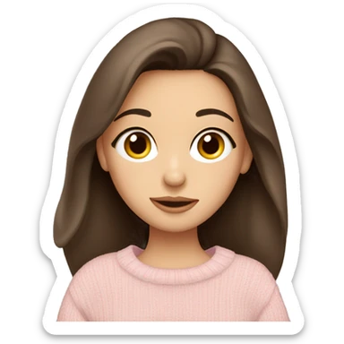 Pretty brown eyed brunette girl with light pink sweater reading cozy sticker