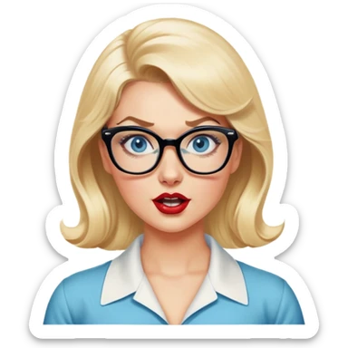 Blonde hair, blue eyed, wearing glasses 50's style pinup looking crazy sticker