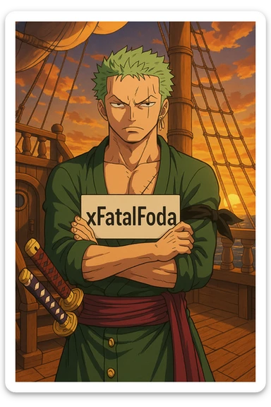 Zoro from One Piece with arms crossed, serious expression, holding a sign that says ‘xFatalFoda’, pirate ship deck at sunset, Wano arc anime style, highly detailed sticker