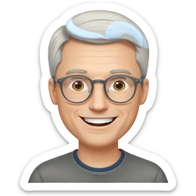 40 yr old pale white man, grey side swept hair, round glasses, big smile, white teeth, handsome, longer hair, thin glasses sticker
