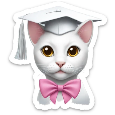 white she cat wirh brown eyes and a pink little bow, with a graduation cap sticker