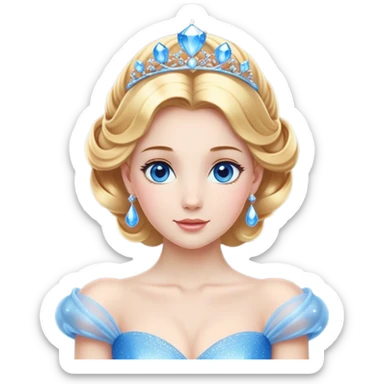Cinematic Stunning Cinderella Portrait Emoji, Radiant in her sparkling blue ball gown, golden hair in a perfect updo, soft blue eyes full of wonder, glistening tiara, glowing with an ethereal beauty, regal yet kind, a dreamlike aura surrounds her, capturing the essence of a fairy tale princess, elegant and breathtaking! sticker