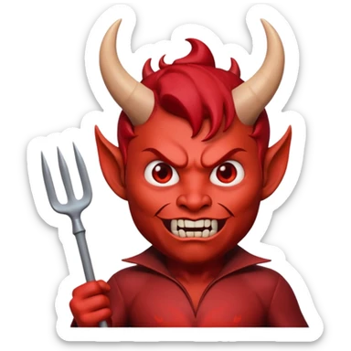 3D Memoji style male devil, red skin, horns, pitchfork, scary expression, soft lighting, solid background. sticker