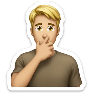 Describe a scene where a guy puts his hands on his mouth, gesturing for silence with a 'shhhh.' What's happening around him? What might he be trying to convey or hide with that gesture sticker