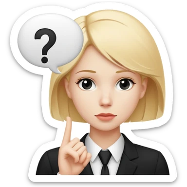 blonde haired white woman in a black formal suit with a white speech bubble containing a black question mark next to her head sticker