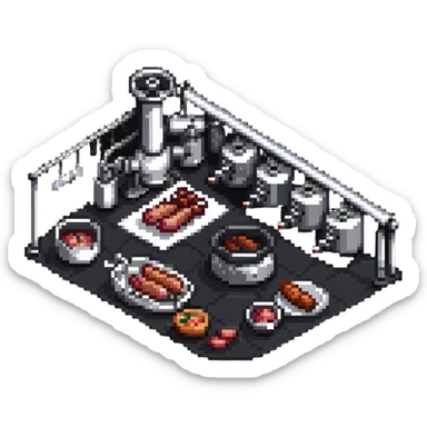 sausage factory with meat grinders and production sticker