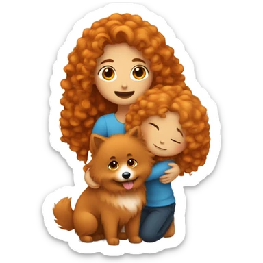 Girl with curly long brown hairs hugs orange spitz nain sticker