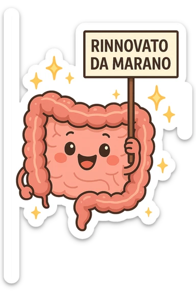 fammi un intestino identico a questo, ma felice e con le scintille di splendore dorate sopra, si sta rinnovando come se fosse in ottima salute, in mano ha un cartello con la scritta "RINNOVATO DA MARANO" sticker