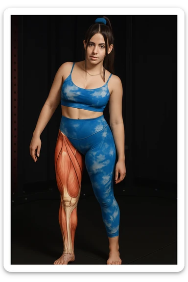 Create a realistic anatomical illustration inspired by the reference photo of the same woman in the same pose. Highlight the right leg (her right, on the left side of the image) as the weight-bearing leg, with anatomical details (muscles and bones) visible only on that leg. The rest of the body should remain realistic. Show a different anatomical layer on the highlighted leg, focusing more on either bones or superficial muscles for educational variety. sticker