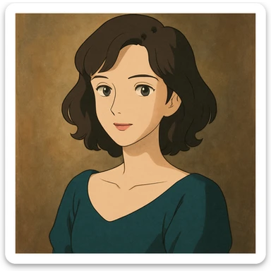 tasteful portrait of a brunette woman, soft lighting, elegant expression, color illustration, ghibli style sticker