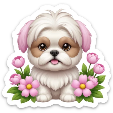 CUTE ALL WHITE SHIH TZU WEARING PINK WITH SPRING FLOWERS sticker