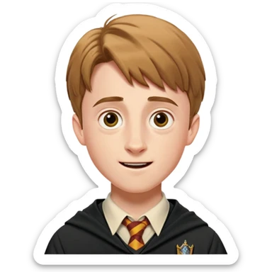 Hugh Mitchell is colin creevey in harry potter, wear hogwarts uniform,  Short light brown hair, small and skinny, with a perpetual look of excitement on his face. sticker