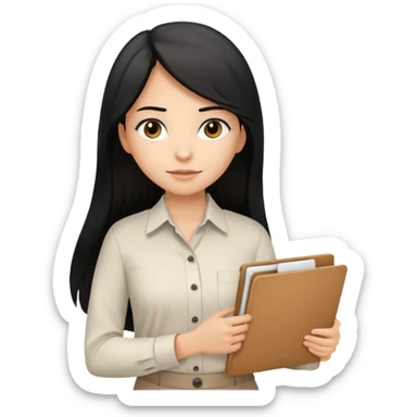 a light tan woman with long black hair past mid-back, round brown eyes, white button up shirt. holding manila folder sticker