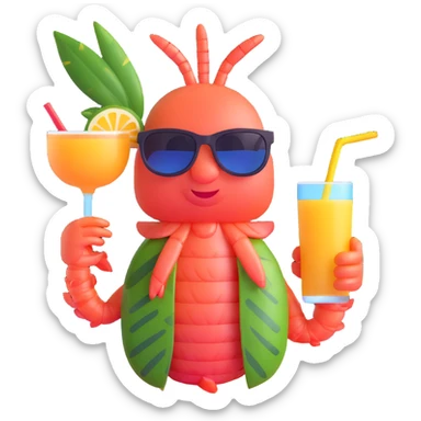 shrimp on vacation wearing sunglasses and a hawaiian shirt, holding a tropical drink, relaxing on a beach, memoji style sticker