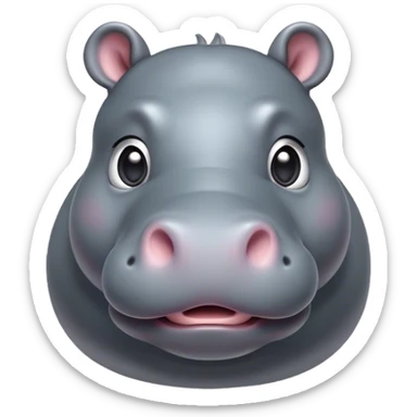 Cinematic Cute Hippo Portrait Emoji, Head tilted playfully and inquisitively, featuring a glossy slate-gray hide with a gentle sheen and round, sparkling eyes filled with curious charm, Simplified yet irresistibly adorable features, highly detailed, glowing with a warm, friendly glow, high shine, affectionate and serene, stylized with a touch of aquatic whimsy, bright and endearing, soft glowing outline, capturing the essence of a mischievous yet loving hippo, so playful it feels like it could splash out of the screen and into your arms! sticker