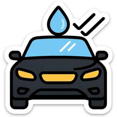 full high-end vehicle icon with glossy black mirror-like paint, water droplet sliding on the hood or roof, subtle repellent effect with water lines moving away, modern and clean style sticker