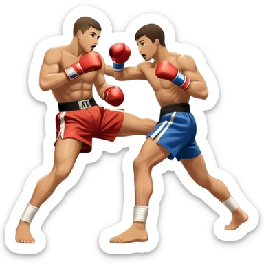 An icon symbolizing kickboxing, featuring two fighters in the midst of an intense match. One throws a powerful roundhouse kick, while the other counters with a punch. The background shows a ring, with ropes and a cheering crowd. Transparent background highlights the action and strength sticker