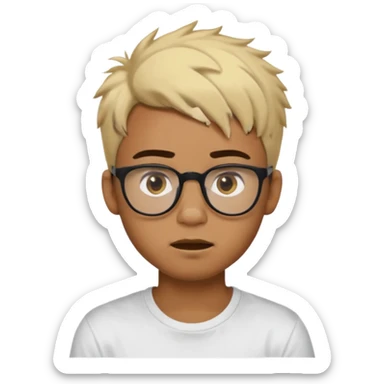 Teenager. Short buzz, messy blonde hair. Dark brown bushy eyebrows large expressive golden-brown eyes, brown skin color, scar over nose, wearing a plain white t-shirt. wearing clear thick black glasses. 20 year old male. wacky facial expression. brown skin color.  sticker