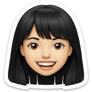 Woman a little tan with long black hairs and bangs, appearing teeth sticker