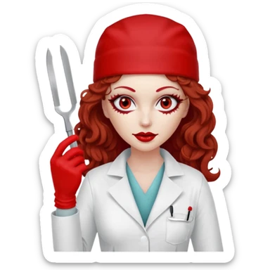 


Scary woman scalpel in hand, evil surgeon sexy surgeon clothes.  She has redcolored  eyes. Her  hair only is free ne brown long curly hair. Wears sexy doctor outfit with red gloves. make her wear red ski mask  to hide. Wears white surgeon coat, wears  stilettos sticker