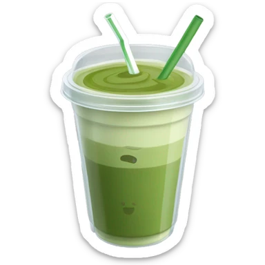 matcha latte in a plastic clear takeout cup with flat lid and straw sticker