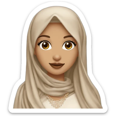 beautiful brunette arabian girl with smooth skin long hair beige lipstick wearing hijab and low neck dress with a diamond necklace sticker