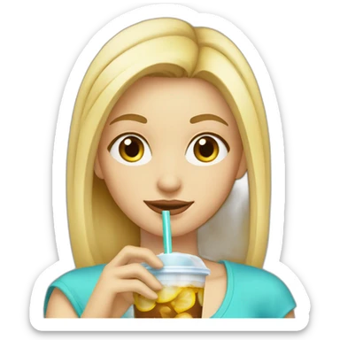 Blonde Girl drinking an iced drink with a straw sticker
